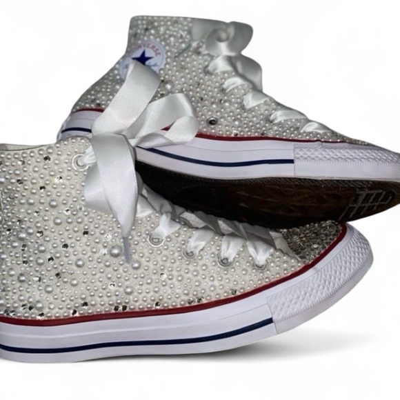 Crystals Diamond & Pearls High Top Converse Sizes 5-14 New With Ribbon Laces - Picture 2 of 11